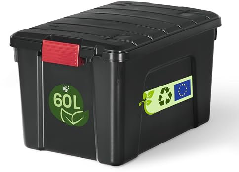 Iris Ohyama, Large plastic storage box, 60L, Garage box, Black, Stackable, Robust snap locks with handles, SIA-60