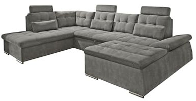 möbelando Wohnlandschaft >NALO< mit Bettfunktion, 324x103x219 cm, Farbe Stone, Stoffbezug aus 95?% Polyester/5?% Nylon, verstellbare Armlehnen, Variable Kopfstützen, Bettkasten, teilmontiert