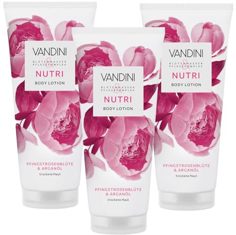 VANDINI 3x NUTRI Body Lotion Damen 200 ml mit Pfingstrosenblüte & Arganöl - Body Lotion für trockene Haut - vegan, ohne Parabene & Silikone, dermatologisch bestätigt, Made in Germany