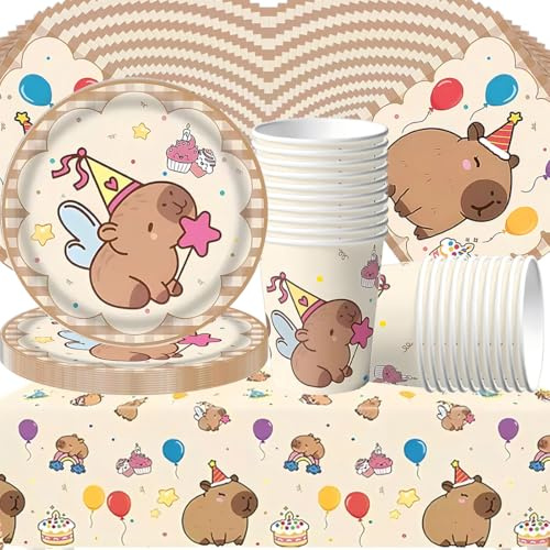 Wasserschwein-Delfin Partygeschirr Set,Doyomtoy Capybara Serve 20 Gäste Geburtstag Partygeschirr,Tischdecken,Teller,Tassen,Servietten für Partyzubehör Geburtstag