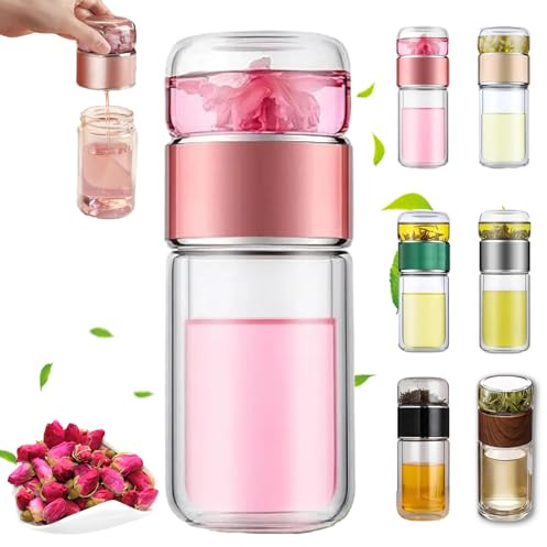 Teava - Infusor de té inteligente 3 en 1, infusor de vidrio Tryteava, infusores de té de vidrio portátil de doble pared, taza de separación de té y agua con colador ligero, a prueba de fugas (rosa