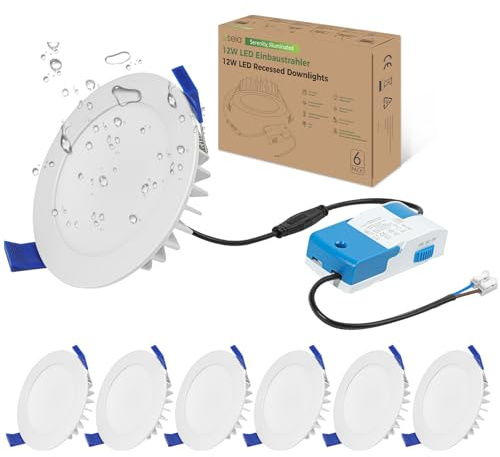 Oseia LED Einbaustrahler 230V, 12W 1200lm, Ultra Flach, IP44, Dimmbar, 3 Farbtemperaturen (3000K/4000K/6000K), Einbauspots Decke für Bad & Küche, 6er Set
