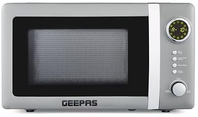 GEEPAS 700W Digital Freestanding Microwave Oven, 20L | Electric Oven with Auto Defrost Child Lock | 12 Preset Rotary Dial Easy Clean | Fits Standard Dinner Plate Countertop Retrovive Grey (Renewed)
