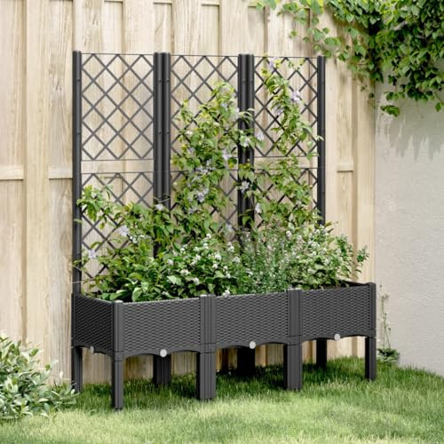 Pflanzkübel mit Rankgitter Schwarz 120x40x142 cm, PP-Kunststoff in Rattan-Optik, für Kletterpflanzen, Garten, Terrasse, Hochbeet, Blumen