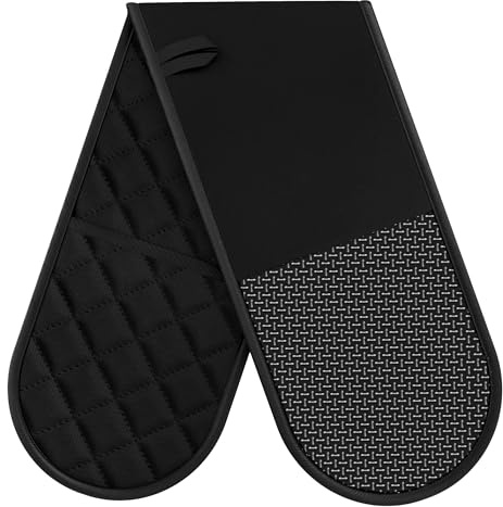 Oven Gloves Heat Resistant, Anti-Slip Silicone Oven Glove for Cooking | Black Double Oven Gloves, Heat Proof Gloves, Silicone Oven Mitts Featuring Breathable Cotton Lining for Dessert Making, BBQ