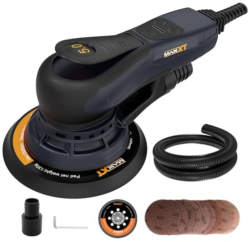 MAXXT Ponceuse excentrique 150 mm sans balais avec raccord tri-noyaux, course excentrique 5,0 mm, frein automatique (2 s), 6 vitesses réglables, 10 papiers abrasifs et 5 m de câble