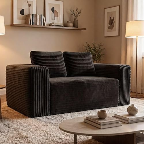 XPSSJMU Boneless Deep Seat 2-Seater, No Assembly Foam Floor Couch, Plush Corduroy Fabric, Modern Living Room Sofa for Small Space Apartment, Bedroom, Office (Black)