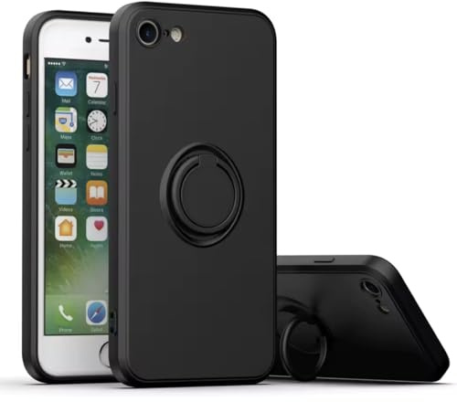 KK KENIK Silicone Case for iPhone SE 2020/2022, iPhone 8/7, Liquide Soft-Touch, Shockproof, Ring Holder Kickstand, Antiskid Phone Cover for iPhone SE 2nd 3rd Generation (Black With Ring)