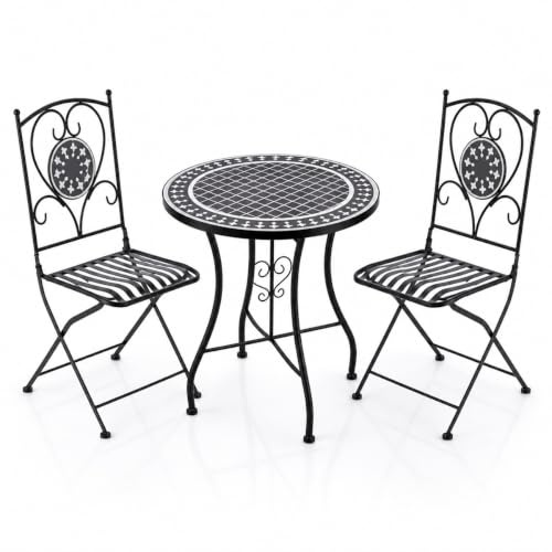 Saharashop Mosaiktisch-Set, 3-teilig, Schwarz-Weiß, Tisch Ø 60 cm und 2 Stühle, Klappbar, Metall und Porzellan