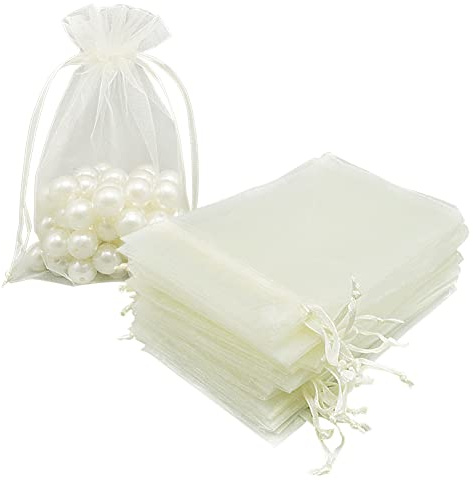 Organza Bags 10x15 cm 100pcs, Beige Mesh Jewelry Pouches Candy Drawstring Gift Bags Small Sachet for Christmas Wedding Giveaways
