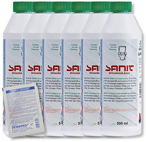 DEWEPRO Set: SANIT Urinsteinlöser 3031-6 Flaschen à 500ml - der Profi WC Reiniger extra stark - Kalklöser - höchste Reinigungskraft, inkl. 1 St. DEWEPRO® Single Scrubs