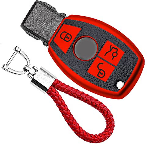 KASER Coque Clé en Silicone Compatible pour Mercedes Classe A B C E CLA CLE GLA GLA GLE GLK Etui Porte-clés Effet Cuir Protection Télécommande Voiture Keyless (Rouge)