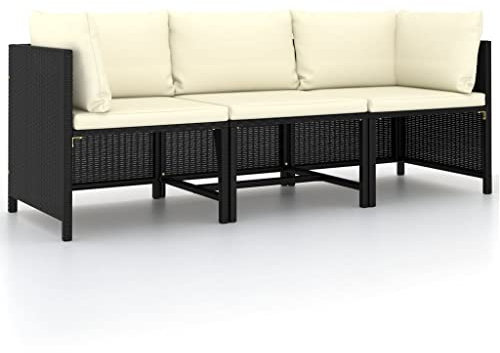vidaXL Gartensofa 3-Sitzer mit Auflagen Lounge Sofa Couch Sitzgruppe Ecksofa Mittelsofa Sitzgarnitur Gartenset Schwarz Poly Rattan