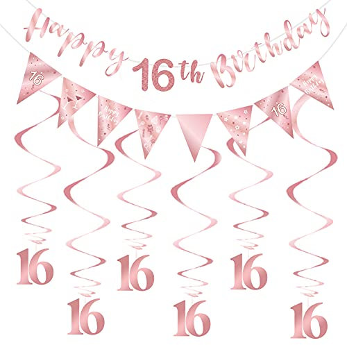 Roségold 16. Geburtstag Dekoration für Mädchen, Happy 16. Geburtstag Banner Bunting Swirls, Triangle Flag Banner für 16 Geburtstagsfeier Dekorationen Zubehör