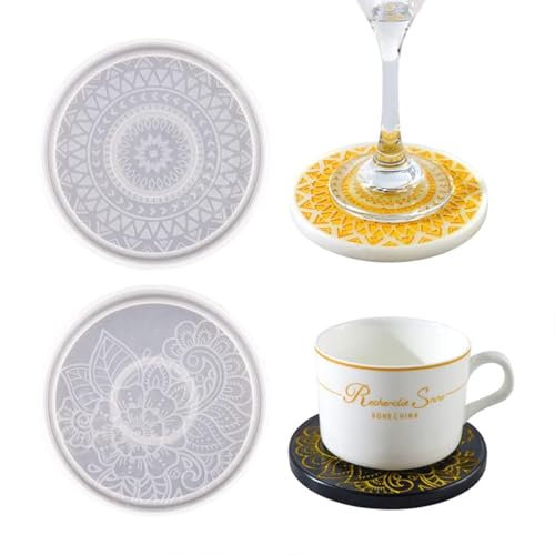 KyeeaDIY 2 Stück Untersetzer Silikonformen Mandala Tassenmatte Gießform Epoxidharz Formen Tablett Harzformen Schmuck Organizer für DIY Kerzenhalter Basteln Tischdekoration (2pcs)