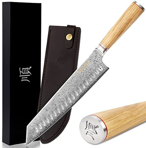 YOUSUNLONG Couteau de chef Kiritsuke 254 mm - Acier Damas japonais martelé - Super pointu - Manche en bois d'olivier italien avec gaine en cuir - Couteau de cuisine - Trancheuse viande, boeuf, BBQ