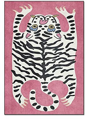 Cartoon-Tiger-Teppich für Mädchenzimmer 90 x 152 cm Vintage Boho Bereichsteppich Schlafzimmer waschbar ausgefallener Teppich für Wohnzimmer rutschfest niedlich abstrakt moderne Matten Rosa
