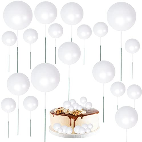 Qaziuy 30Pcs Mini Balloon Cake Topper, Round Foam Cupcake Topper Ball Cake Decoration,DIY Cake Insert Topper for Birthday Anniversary Graduation Party Decor White