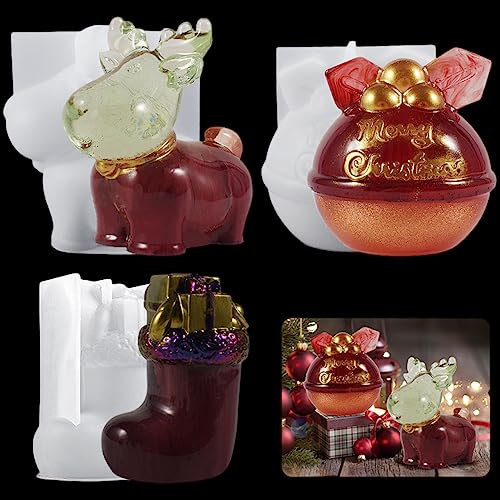 3PCS 3D Weihnachts Silikonform Weihnachten Kerzenform Silikon DIY Seifenform Harz Gießform Christmas Silicone Mold für DIY Elch Nikolausstrümpfe Weihnachtsglocke Dekoration