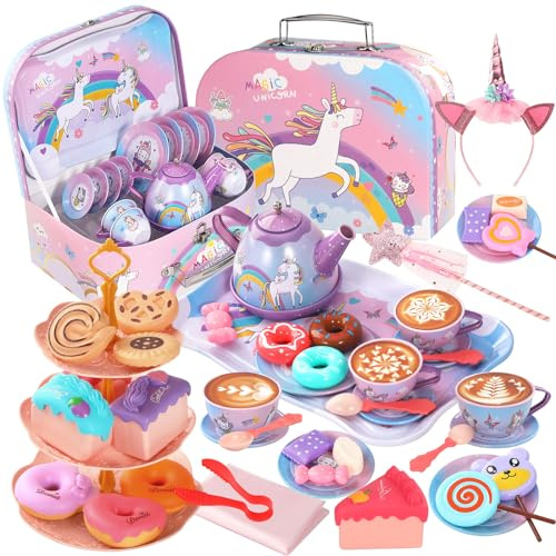 55Pcs Tea Party Set for Little Girls, Princess Tea Party Set, Unicorn Kid Tin Tea Set,Kids Kitchen Pretend Toy, Toddler Tea Party Set for Girl 3-5, Tea Party Easter Birthday Gift for 4 Year Old