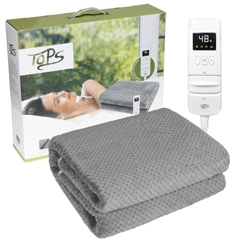 TOPS Electric Blanket Single Heated Underblanket 150 x 80cm, 18-48℃ Heat Settings, 3 Levels of Auto-off Timer, Warm Flannel Bed Warmer, Overheat Protection, Machine Washable
