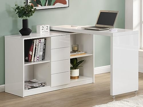Vente-unique - Bureau Extensible PAVELO avec Plateau pivotant 360° – MDF Blanc laqué Brillant, Meuble modulable avec rangements intégrés, idéal pour optimiser l’Espace dans Bureau, Salon ou Studio