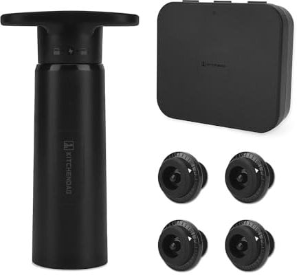 KITCHENDAO Wine Saver with 4 Wine Vacuum Stoppers and Preserver, Reusable Bottle Sealer Keeps Wine Fresh, Ideal Wine Accessories Gift (Pump + 4 stoppers,Black)