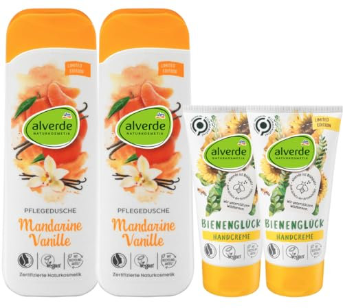 alverde NATURKOSMETIK 4er-Set Hauptpflege: Duschgel MANDARINE VANILLE belebende pH-neutrale Pflegedusche (2 x 250 ml) + Handcreme BIENENGLÜCK für trockene strapazierte Hände (2 x 75 ml), 650 ml