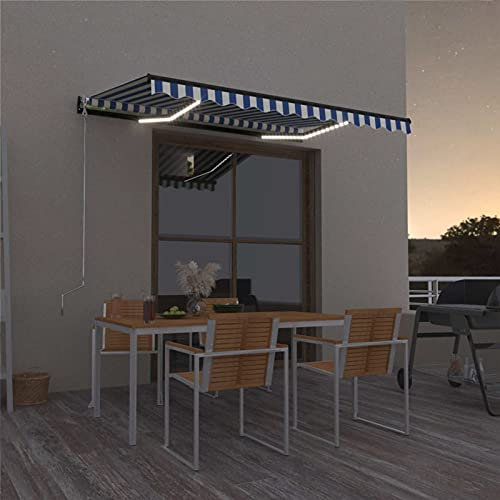SECOLI Manuelle Gelenkarmmarkise mit LED, Gelenkarmmarkise Einziehbar 350 x 250 cm, Versenkbaren Markise, Markise Gelenkmarkise, Sonnenmarkise Terrassenmarkise Klemmmarkise Blau und Weiß