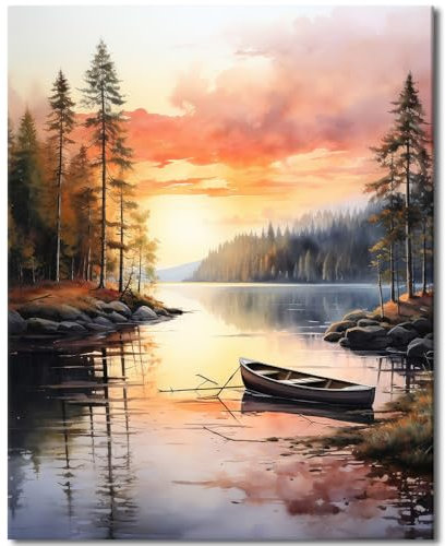 TISHIRON Landscape Paint by Numbers for Adults Beginner Canvas DIY Adult Paint by Number Kits Sunset River Forest Boat Watercolor Painting Suitable for Home Wall Decoration 16x20 inch Without Frame