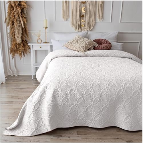CalmyHOME Tagesdecke Bett Bettüberwurf Überwurf Ornamente 170x220cm Sofaüberwurf Steppdecke Sofa Decke Überwurfdecke Tages Decken Betthusse XXL Überdecke Gesteppte Tagesdecken (Weiss)
