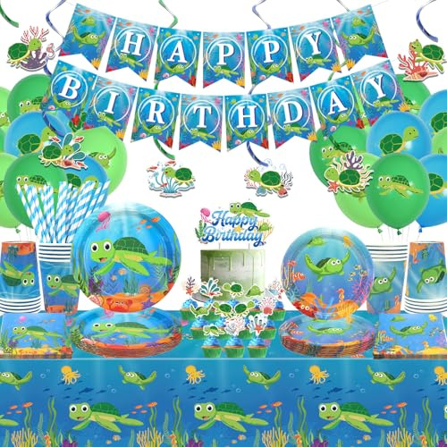 Obussgar Schildkröte Geburtstag Party Dekorationen - Schildkröte Party Supplies einschließlich Banner, Teller, Kuchen Topper, Tasse, Serviette, Ballon, Tischdecke für Schildkröte Party Dekoration (LQ)