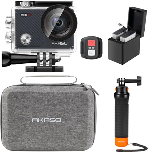 AKASO V50 X Action Camera Floating Hand Grip Bundle - Includes V50 X 4K Underwater Camera, Floating Hand Grip, 2 Batteries, Carrying Case, and Accessories Kit