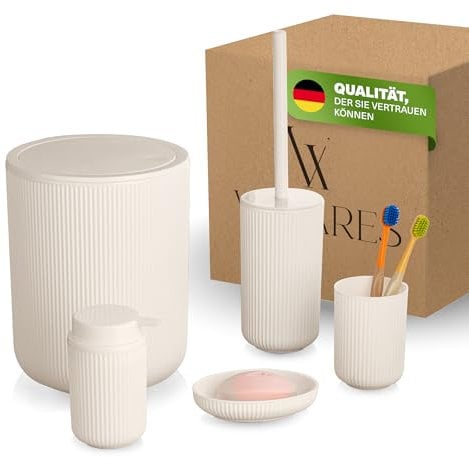 Viwares 5-teiliges Badzubehör Set Beige – WC-Bürste, Seifenspender, Zahnputzbecher, Seifenschale & Mülleimer – modernes Rillen-Design – platzsparendes Badezimmer Set aus Kunststoff