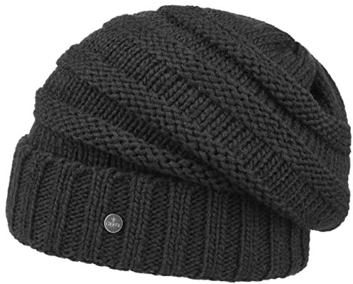 LIERYS Jil Oversize Strickmütze Beanie Damen Made in Germany Wollmütze mit Schurwolle Innenfutter Damen Herbst Winter schwarz One Size