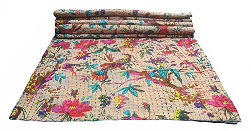 Kiara Indische Vintage Ethnische Baumwolle Vogel Kantha Quilt Tagesdecke Patchwork Stitch Decke Twin / Queen Size (Cremefarben (cremefarben), Doppel)