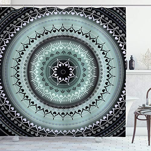 ABAKUHAUS Mandala Duschvorhang, Vintage Mandala Kreise, Stoffliches Gewebe Badezimmerdekorationsset mit Haken, 175 x 200 cm, Blau Schwarz