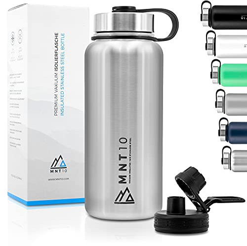 MNT10 Edelstahl Trinkflasche 1000ml I Premium Isolierflasche für Wandern, Fitness, Fahrrad, Schule und Büro I Wasserflasche + Gratis Sportdeckel (Edelstahl | 1000ml)