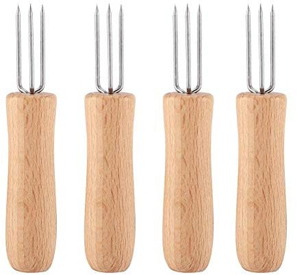 Yosoo 4 Pieces of Corn cob Holders, Small skewers Corn cob Holders Wooden Handle Stainless Steel BBQ Meat Fruit Forks Grill Corn cob Holders for Home Cooking and BBQ
