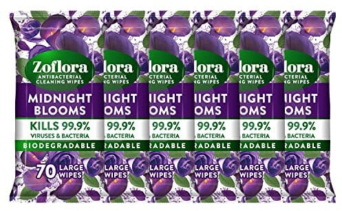Zoflora Midnight Blooms Large Biodegradeable Wipes, Antibacterial Cleaning, 6 x 70 Wipes Pack, Multi-Surface Disinfectant, Removes Odours & Kills 99.9% of Bacteria & Viruses