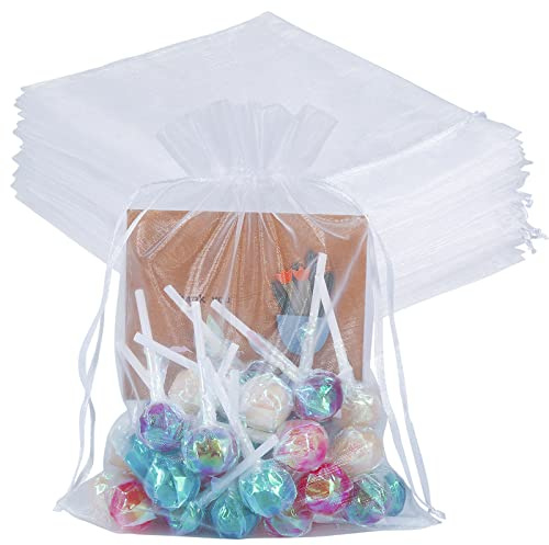 HRX Package 100pcs White Organza Bags Large, 16.5 x 22.5cm Drawstring Gift Bags Mesh Jewelry Pouches for Christmas Wedding Shower Party Favours