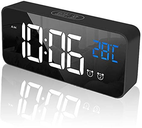 tronisky Digitaler Wecker, LED Digital Wecker Spiegel Tischuhr USB Wiederaufladbar Reisewecker mit 2 Alarmen/Snooze/Temperatur Anzeige/Sprachsteuerung Funktion, 4 Helligkeit, Schwarz