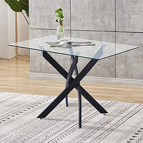 GOLDFAN Table de Salle à Manger Classique Table de Cuisine en Verre Trempé avec Pieds en Métal pour la Maison et Le Bureau,110 x 70 x 75cm,Noir