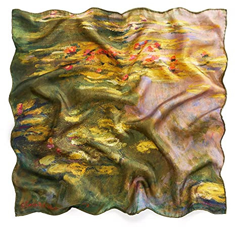 Prettystern Hand Rolled Gustav Klimt Monet Twill Silk Scarf Bandana, Monet Water Lilies Water Lilies Pond Yellow Green, 53/53 cm, 16mm schwere Twill Seide, handrolliert