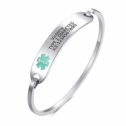 XUANPAI Kostenlos Benutzerdefiniert Medizinischer Alarm Manschettenarmband für Frauen Personalisierte Gravur Name ID Tag Armband Edelstahl Identifikation SOS Notfall Schmuck für Mädchen,Grünes Logo
