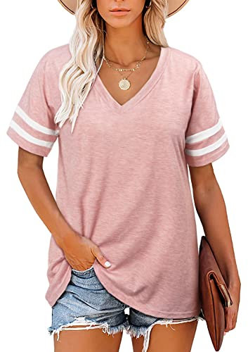 Voqeen T-Shirt Femme Col V Top Décontracté à Manches Courtes Top Basique à Rayures pour l'été, Taille S, Rose