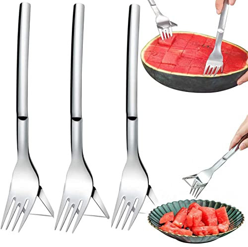 Watermelon Slicer Cutter, 2-in-1 Watermelon Fork Slicer, Stainless Steel Fruit Forks Slicer Knife, Summer Watermelon Cutting Artifact for Home Camping Kitchen Gadgets