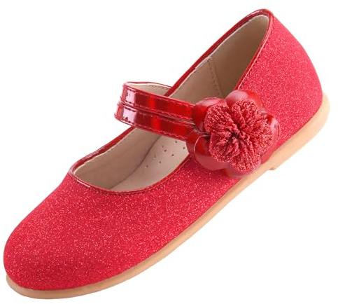 EIGHT KM Toddler Girls Dress Shoes Mary Jane Princess Wedding Ballet Flats Shoes EKM7063 Sparkly Glitter Flower Camellia Minerva Red UK Size 7