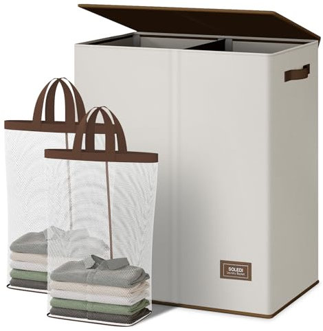 SOLEDI 145L Laundry Basket with Lid and Removable Bags, Large Laundry Hamper Collapsible Laundry Basket with 2 Compartment, Washing Basket for Laundry Foldable Baskets for Bedrooms - Off-White