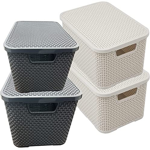 STORM TRADING GROUP Rattan Effect Storage Baskets Cream & Grey With Lids Ideal For Bathroom, Kitchen, Laundry Room, Home & Office Storage Box (4 Baskets, Grey)